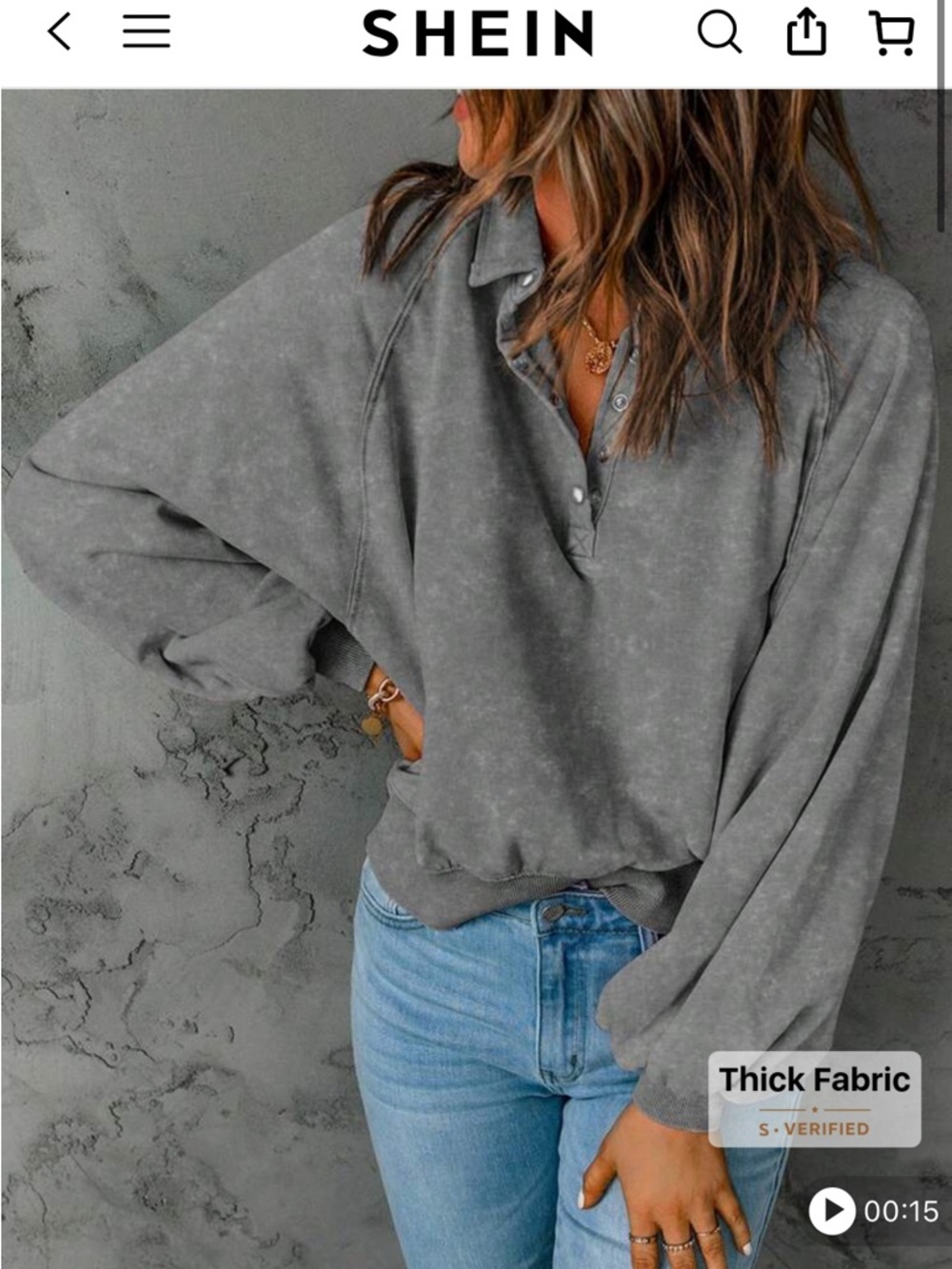 SHEIN Gray Washed Button-Collar Pullover
